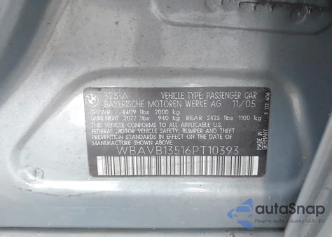 2006 BMW 325I z USA, uszkodzony, nr VIN WBAVB13516PT10393